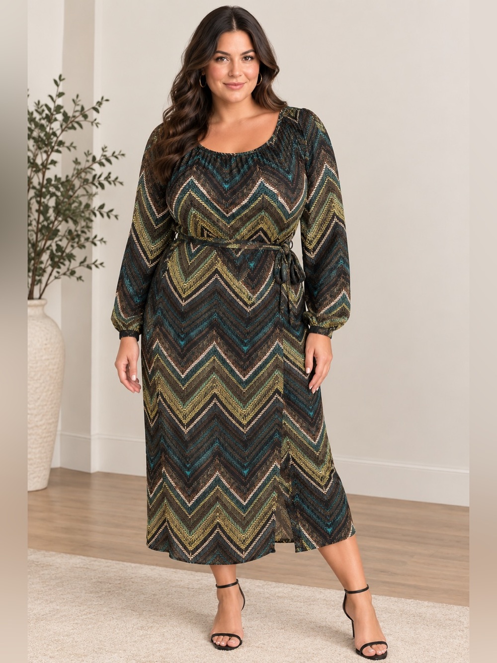 Melissa Masse Designer Green Brown Lime Made to Measure Chevron Dress Size 1X
